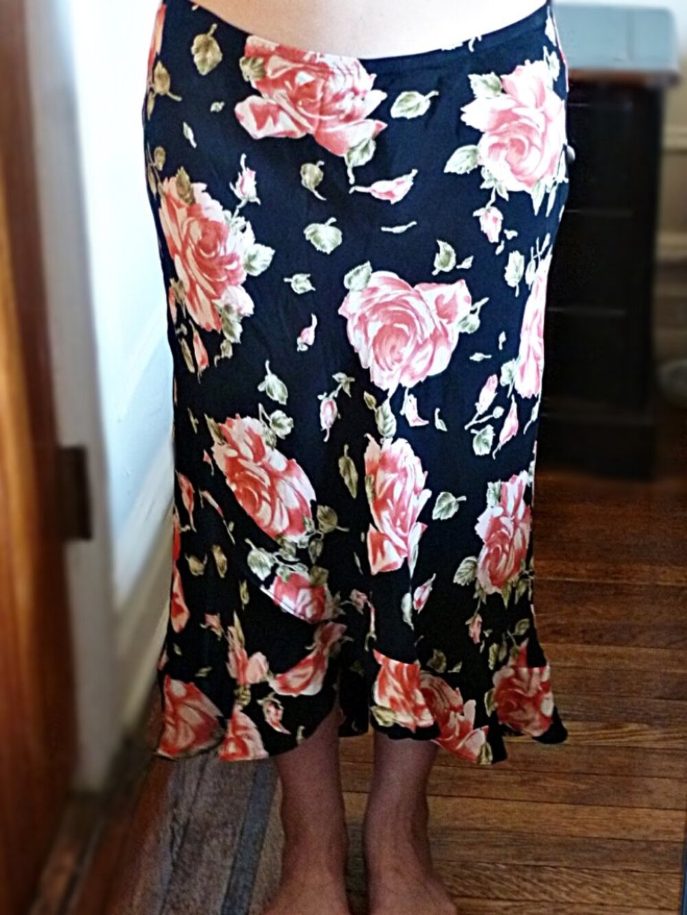 Vintage Asymmetrical Bias Ruffled Midi Skirt in Rose Floral Print